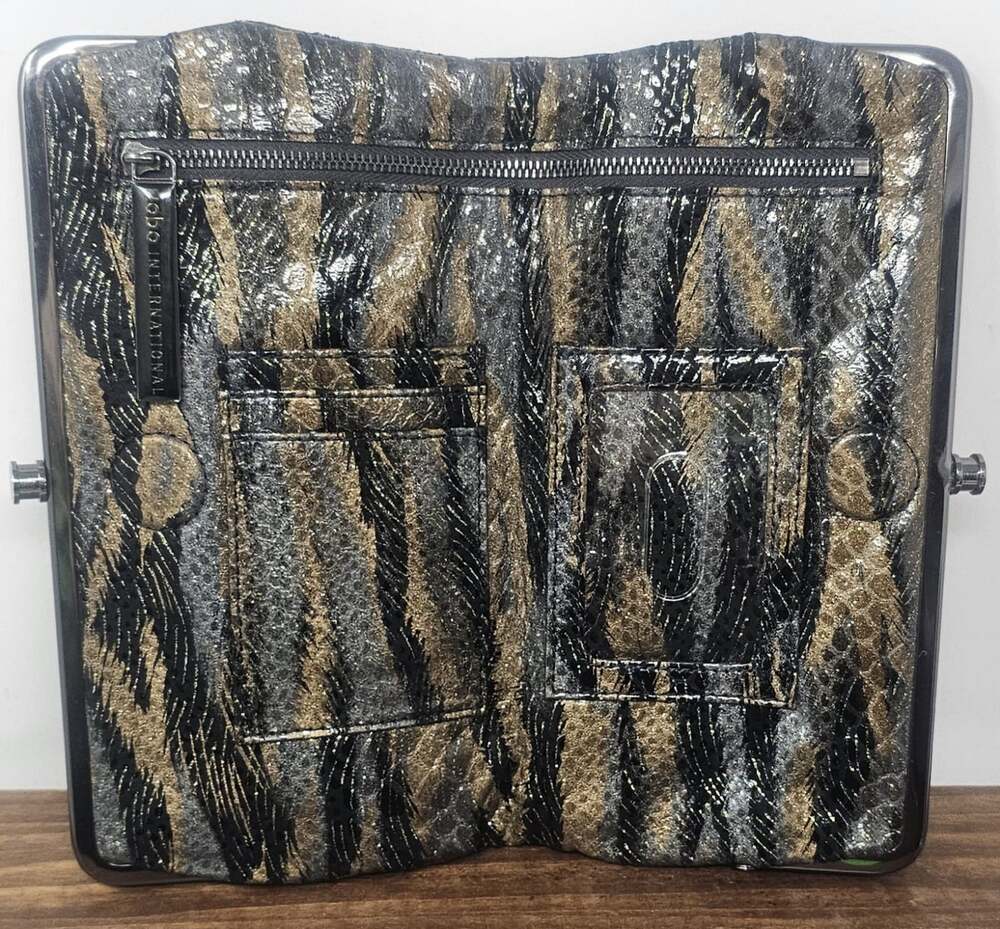 Vintage HOBO Lauren Metallic Shimmery Tiger Leather Double Frame Wallet Clutch - Picture 7 of 12
